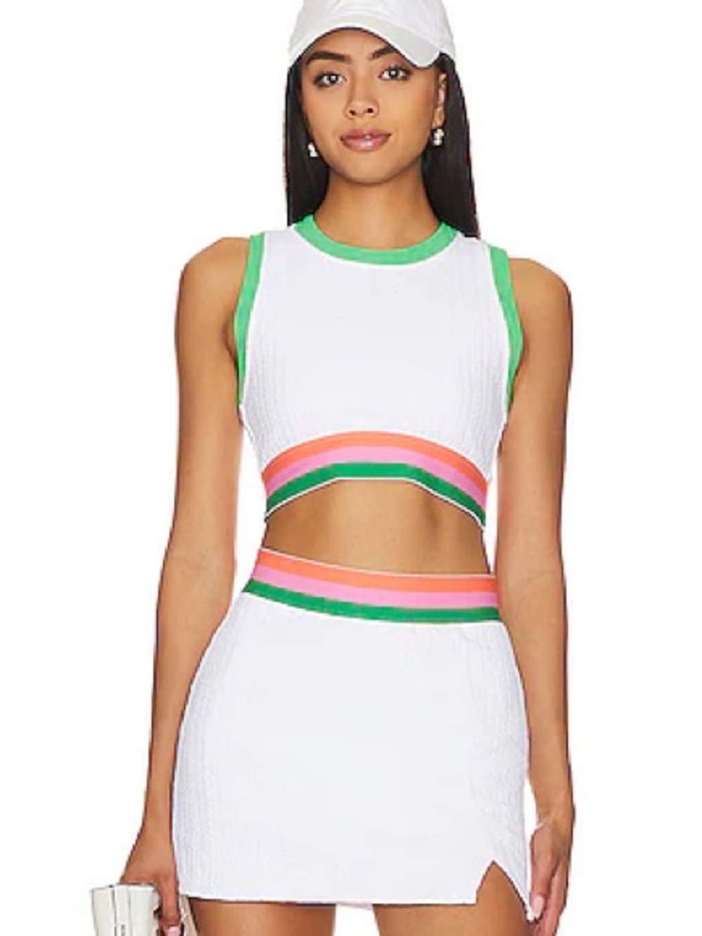 Beach Riot White Ribbed Crop Tank with Green and Coral Stripe Accents - Picture 4 of 4